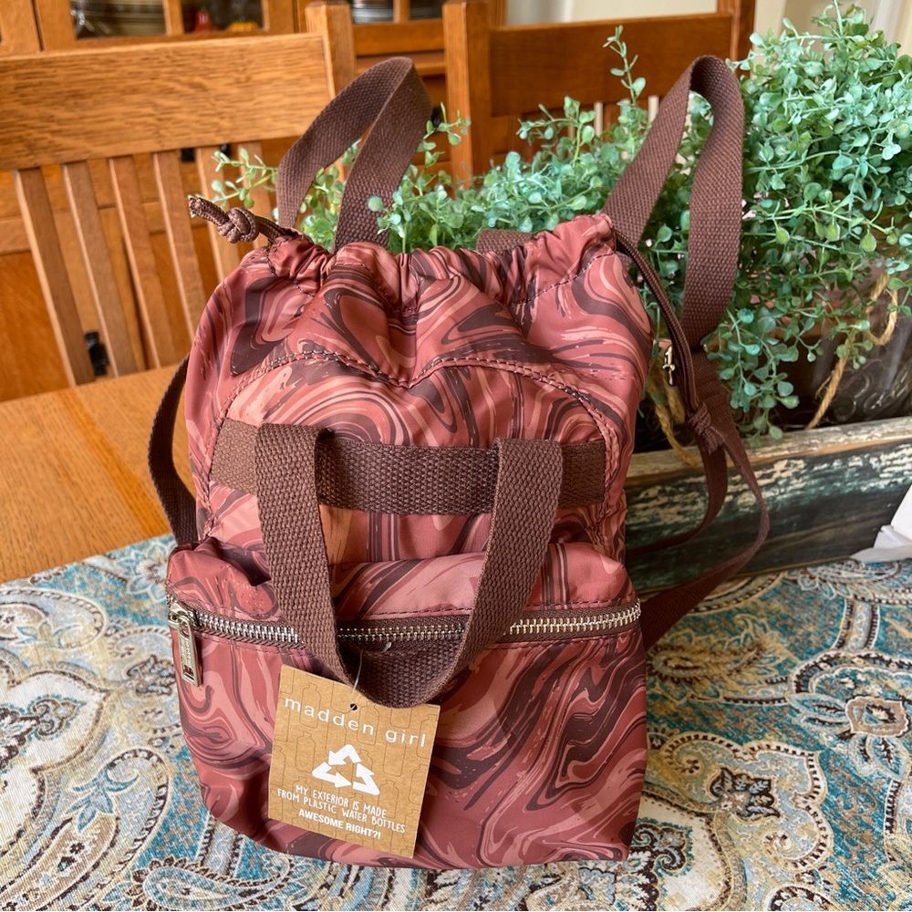 Madden Girl Mini Backpack Bucket Bag Pink Mauve Swirl Print